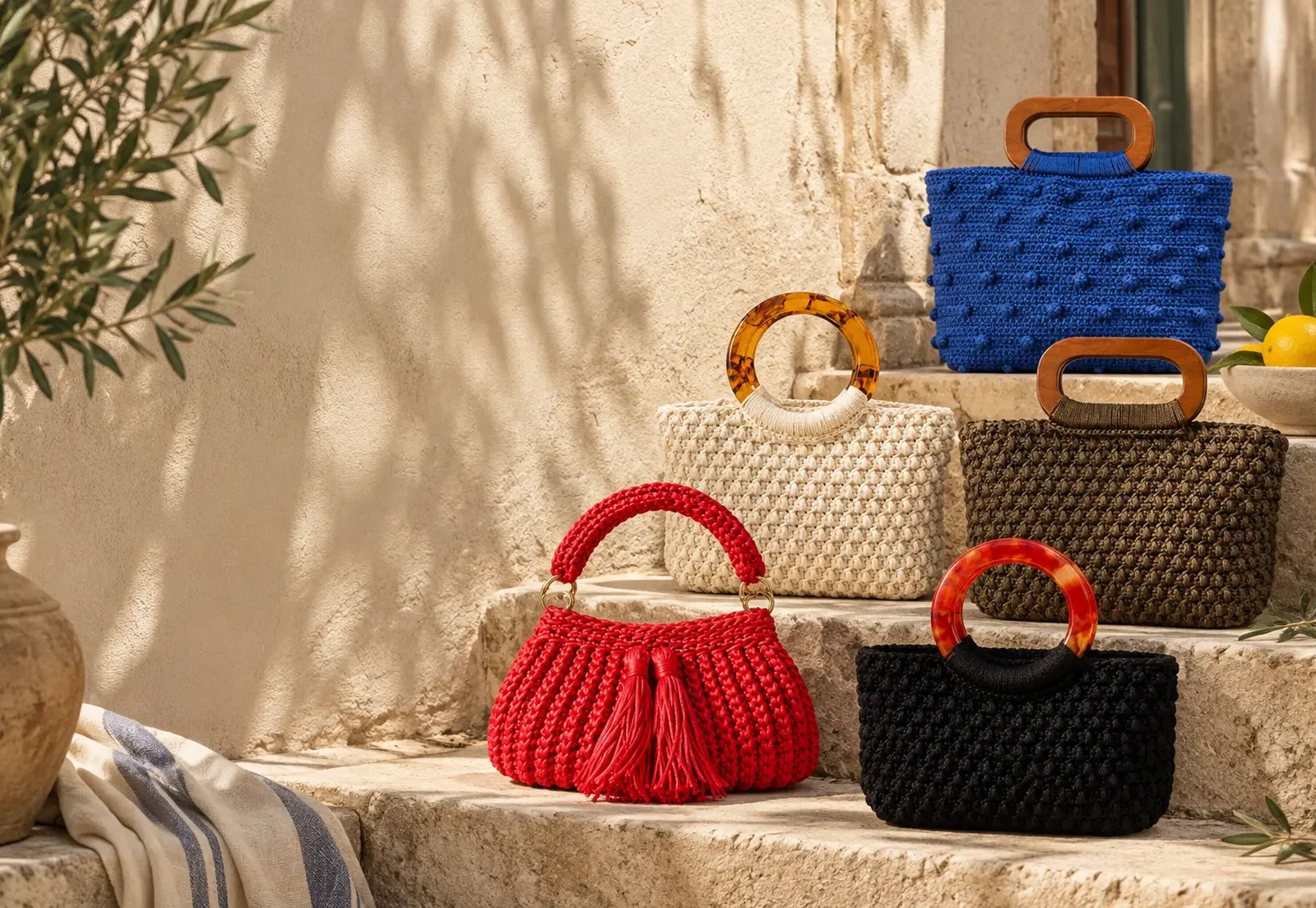 Coleção de malas de crochet em creme, vermelho, oliva, azul e preto sobre uma escadaria de pedra ao sol